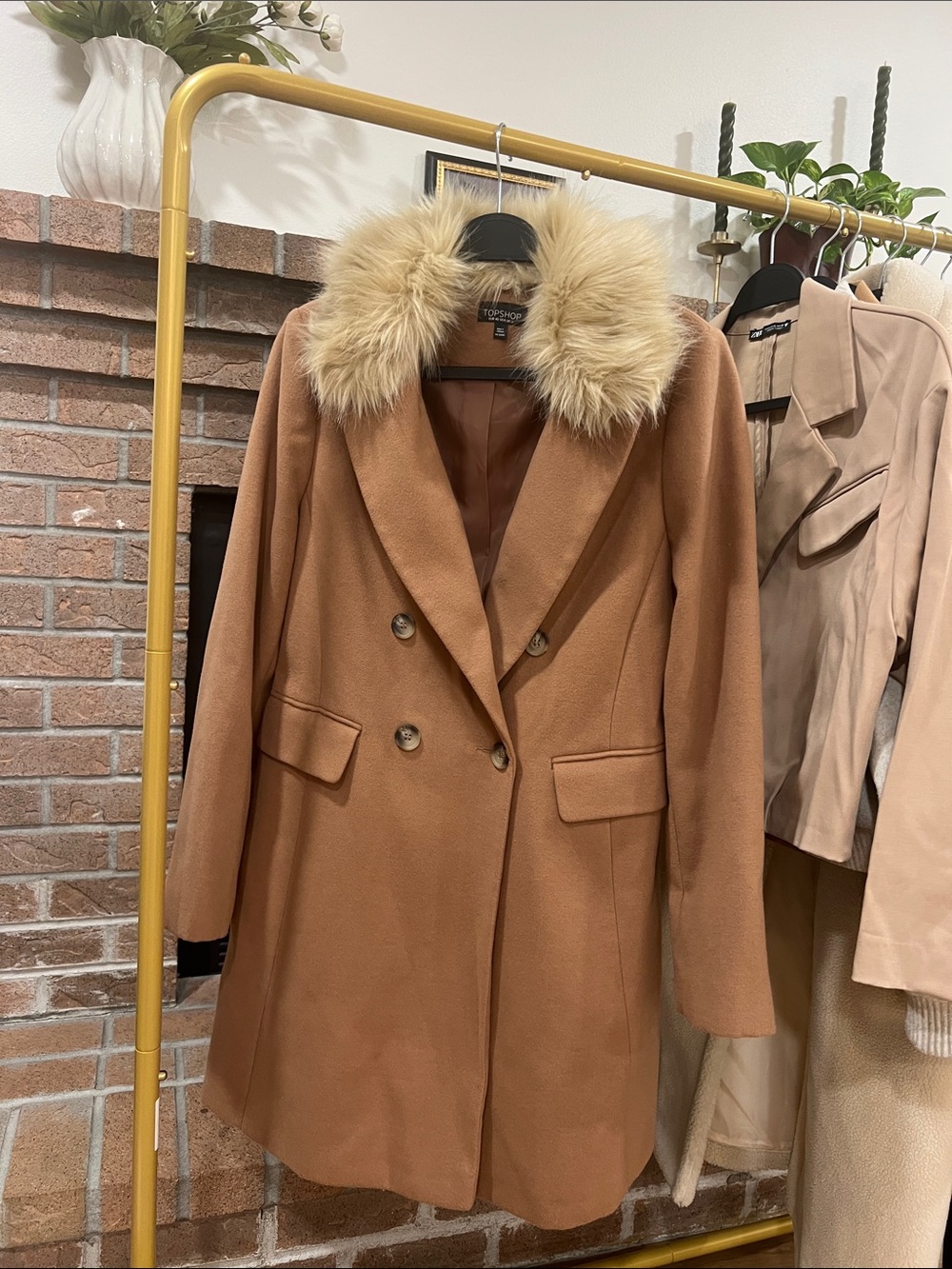Topshop Naomi faux fur collar camel coat size 8